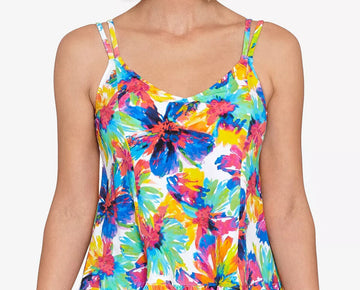 Swim Solutions Women's Printed High-Low Tankini Top Blue Green Size 14 MSRP $72
