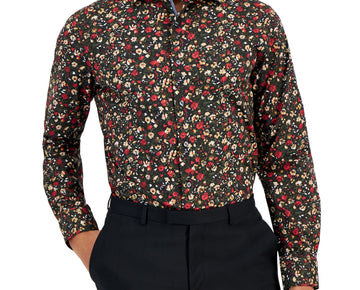 Bar Iii Men's Slim Fit Floral Button Up Dress Shirt Small Black Red