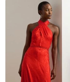 Lauren Ralph Lauren Women's Floral Jacquard Halter Gown Red Size 14 MSRP $325
