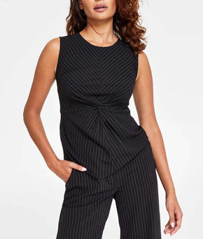 DKNY Pinstripe Sleeveless Twist-Front Top Black Size XL