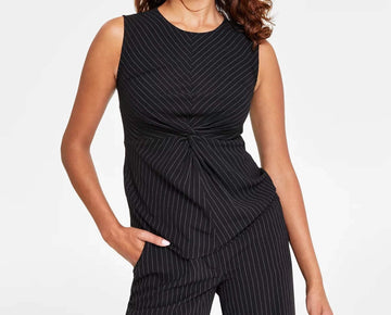 DKNY Pinstripe Sleeveless Twist-Front Top Black Size XL