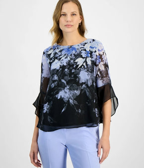 Kasper Women's Cascading Floral Ruffle-Sleeve Blouse Blue Black Size S MSRP $69