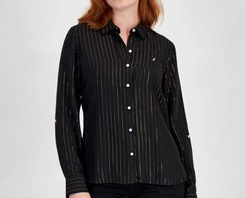 Nautica Jeans Flickering Pinstripe Roll-Tab-Sleeve Button-Up Shirt Black Size S
