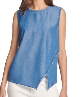 DKNY Women's Top Denim Knit Asymmetric Fringe Trim Blue Size XL