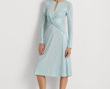 LAUREN RALPH LAUREN Long-Sleeve Foiled Jersey Dress Blue Size 10 MSRP $245