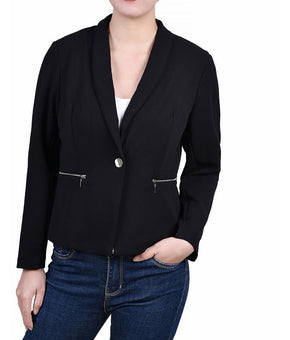 NY Collection Womens Petites Crepe Business One-Button Blazer Black Size PM