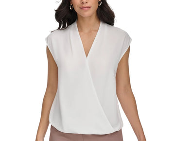 Calvin Klein Women's Cap Sleeve Faux-Wrap Blouse White Size XL MSRP $59