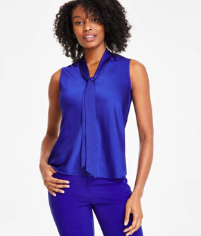 Kasper Women's Satin Sleeveless Tie-Front Blouse Petite Size PS Blue MSRP $59