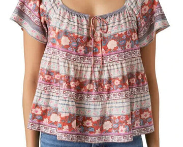 Lucky Brand Women's Tie-Neck Tiered Swing Top Brown Size M MSRP $60