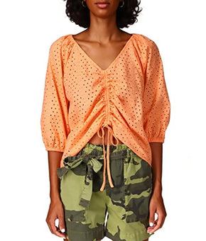 Sanctuary Womens Eyelet Ruched Blouse Orange Size L