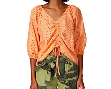 Sanctuary Womens Eyelet Ruched Blouse Orange Size L