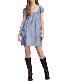 Lucky Brand Scoop neckline Market Puff-Sleeve Shift Cute Dress Size M $99 Blue