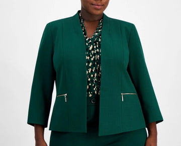 Kasper Plus Size Kiss-Front Zippered-Pocket Blazer Green Size 24W MSRP $129