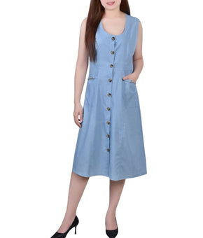 Ny Collection Sleeveless Chambray Dress Chain Details Light Denim Blue Size M