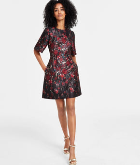 Vince Camuto Women's Floral Jacquard Short-Sleeve Dress Black Size 16 MSRP $178
