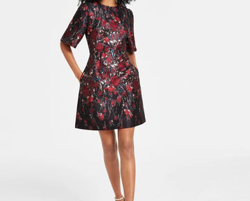 Vince Camuto Women's Floral Jacquard Short-Sleeve Dress Black Size 2 MSRP $178