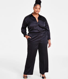 Nina Parker Trendy Plus Size 2X Satin Wide-Leg Pants Black MSRP $89