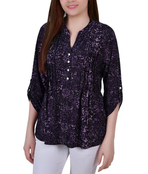 NY Collection Blouse Womens Petite Size PS Purple Animal Print Henley Tunic