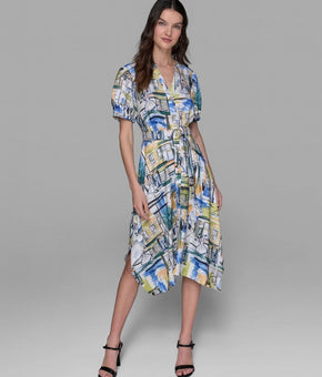 KARL LAGERFELD Paris-scene Belted High-low Shirtdress White Blue Size 2 MSRP$158