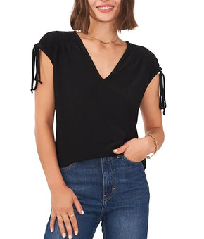 Vince Camuto Women's Solid-Color V-Neck Shirred Shoulder Top Black Size L