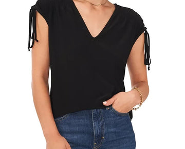Vince Camuto Women's Solid-Color V-Neck Shirred Shoulder Top Black Size L