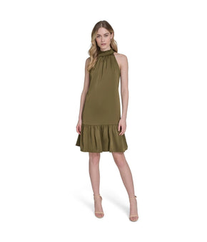 Vince Camuto Women's Satin Ruffled A-Line Halter Dress Olive Green Size 6 $138