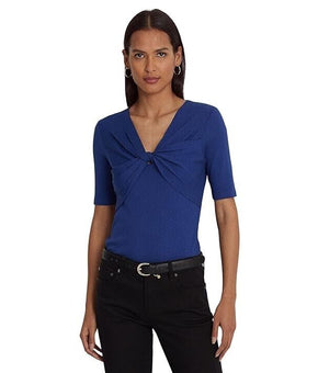 LAUREN RALPH LAUREN Twist-Front Rib-Knit Cotton-Blend T-Shirt Blue Size M $90