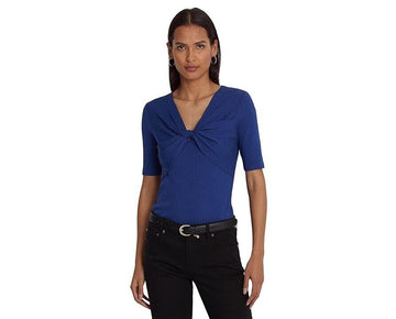 LAUREN RALPH LAUREN Twist-Front Rib-Knit Cotton-Blend T-Shirt Blue Size M $90