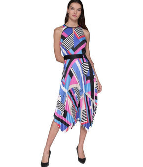 KARL LAGERFELD PARIS Printed High-Neck A-Line Dress Blue Size 8 MSRP $149