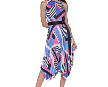 KARL LAGERFELD PARIS Printed High-Neck A-Line Dress Blue Size 6 MSRP $149