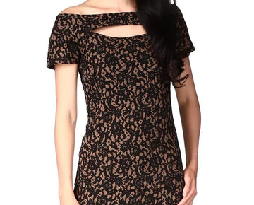 MICHAEL KORS Lace Off-The-Shoulder Top Brown Black Size S MSRP $98