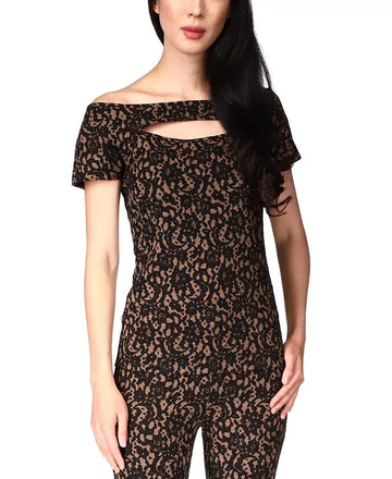 MICHAEL KORS Lace Off-The-Shoulder Top Brown Black Size S MSRP $98