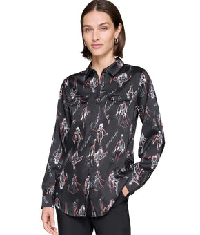 KARL LAGERFELD PARIS Women Printed Utility Button-Front Top Black Size PXS $79
