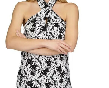 Michael Kors Women's Keyhole-Neck Tropical-Print Halter Top Black White Size L