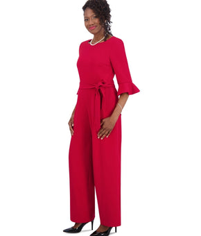 Kasper Women's Boat-Neck 3/4-Ruffle-Sleeve Jumpsuit Red Size S MSRP $129