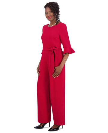 Kasper Women's Boat-Neck 3/4-Ruffle-Sleeve Jumpsuit Red Size L MSRP $129