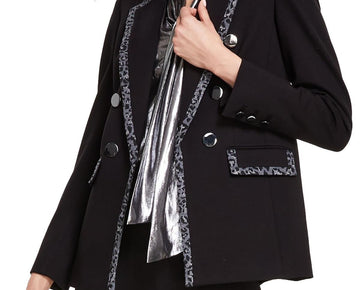 Anne Klein Womens Animal Print Double-Breasted Blazer Black Size L MSRP $149