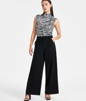 Bar III Women's Petite High-Leg Wide-Leg Seamed Ponte Pants Black Size PL $60