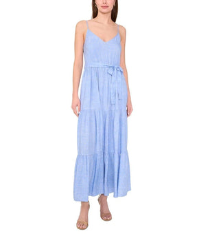 MSK Women's Belted Tiered Sleeveless Maxi Dress Blue Gold Size L MSRP $109