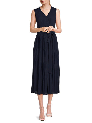 T Tahari Women's Sleeveless Pleated Maxi Dress Blue Navy Size L MSRP $148