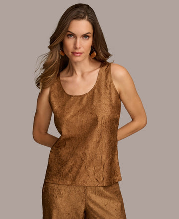 Donna Karan Women's Textured Metallic Scoop-Neck Tank Top Bronze Sz XS MSRP $79
