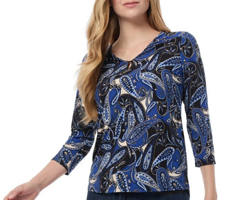 Jones New York Women's Printed Crepe V-Neck Keyhole Top Blue Size L MSRP $60