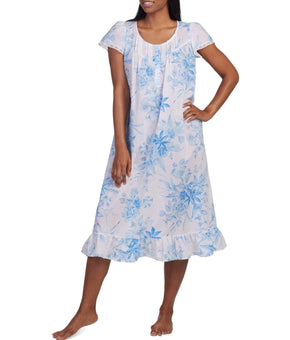 Miss Elaine Women's 100% Cotton Floral Ruffled Sleep Nightgown Blue Size M $72