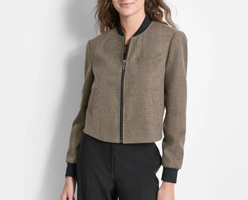 DKNY Women's Cropped Checkered Bomber Jacket Brown Size 14 MSRP $129