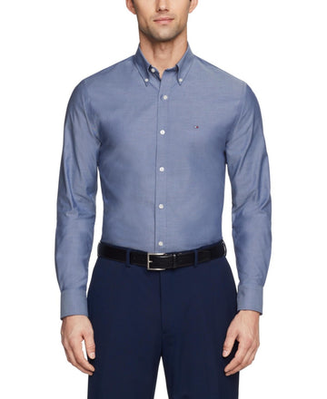 Tommy Hilfiger Slim Fit Stretch Pinpoint Oxford Dress Shirt Size 15.5x34/35 Blue