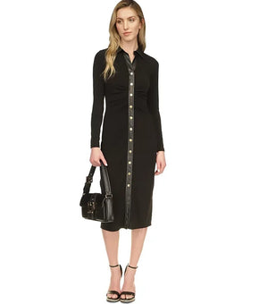 Michael Kors Women's Faux-Leather Trim Midi Dress Black Size XS MSRP $155
