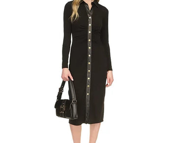 Michael Kors Women's Faux-Leather Trim Midi Dress Black Size XS MSRP $155