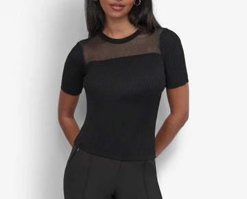 DKNY Women's Sheer-Inset Short-Sleeve Sweater Black Size XL MSRP $79