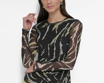 DKNY Petite Printed Mesh Long-Sleeve Top Black Size PM MSRP $69