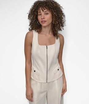 DKNY Women's Weathered Zip-Up Square neck rayon Vest Coconut Cream Size M $99